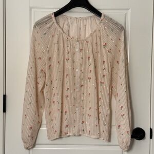 Dazy Beige Pink Green Sheer Floral Button-Front Blouse with Long Sleeves